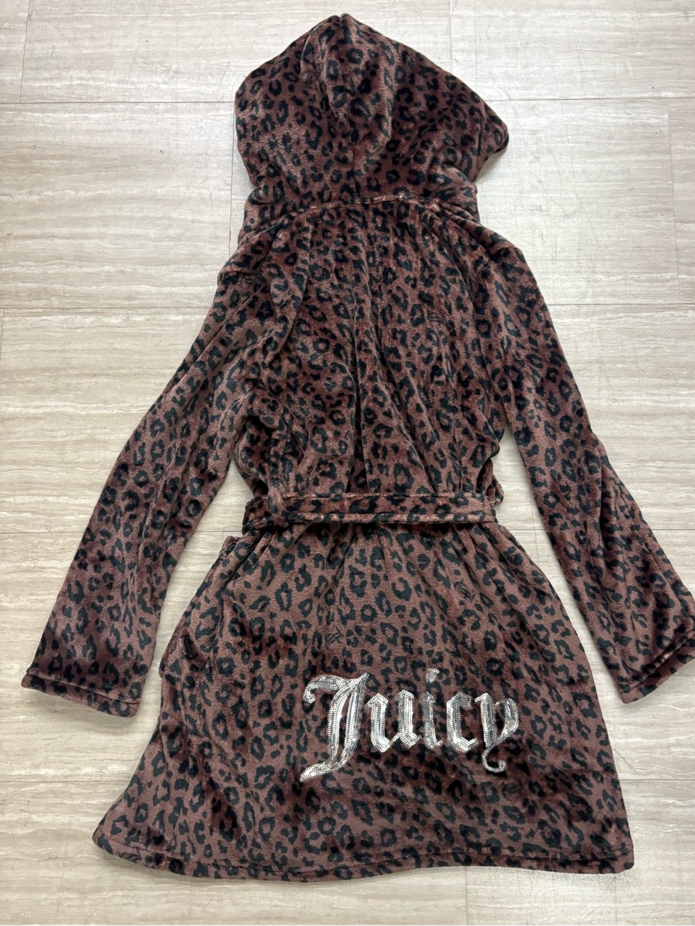 Juicy Couture Plush Hooded Belted Robe Brown Leopard Prints Size S/M New